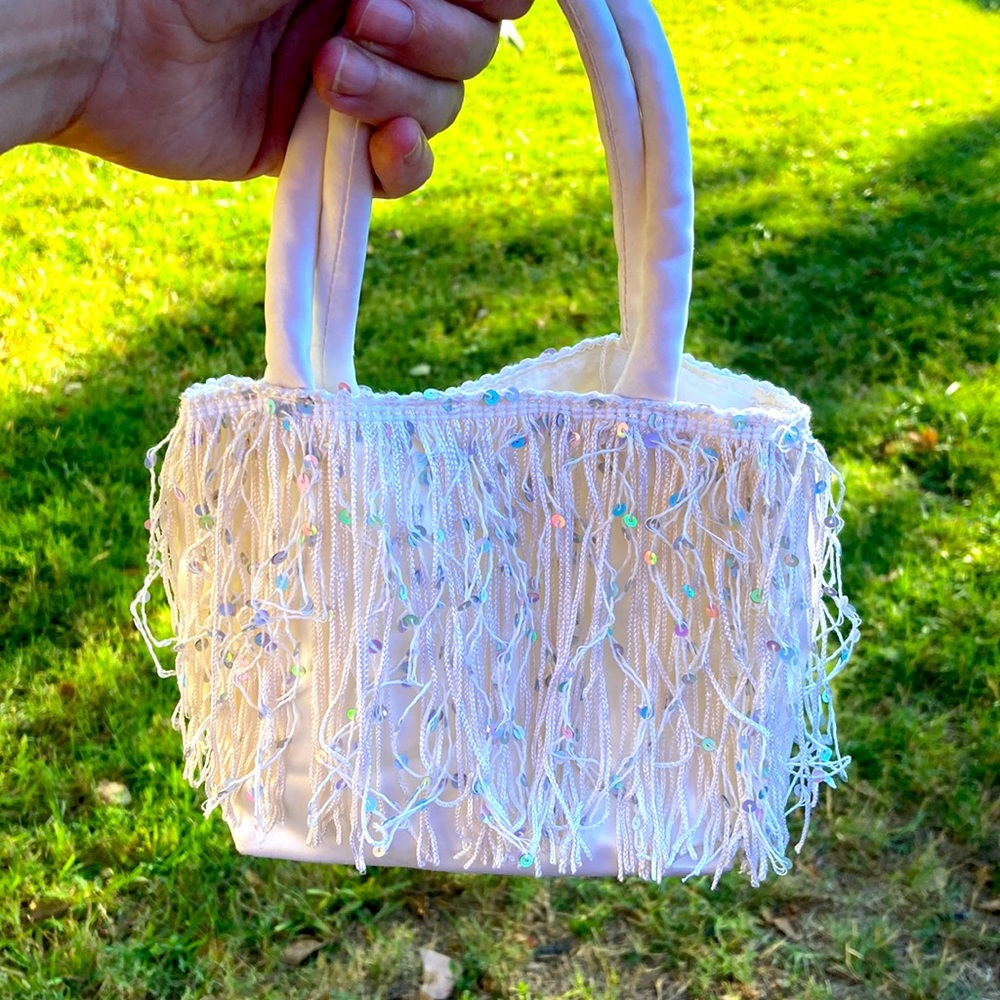 White Satin Sequin Fringe Dress Mini-bag